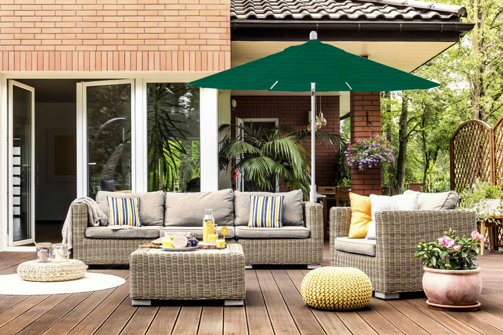 9' Round 360 Rotating Auto Tilt Umbrella, White, Sunbrella, Forest Green