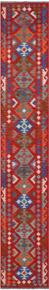 2' 7" X 15' 11" Runner Kilim Flat Weave Reversible Wool On Wool Rug - Q12556