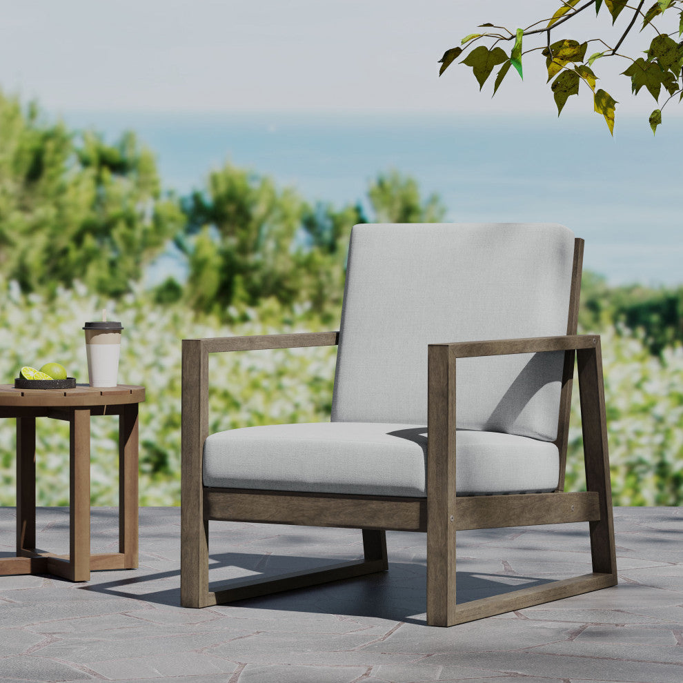 Silla Outdoor Acacia Wood Club Chair with Cushion, Gray/Light Gray