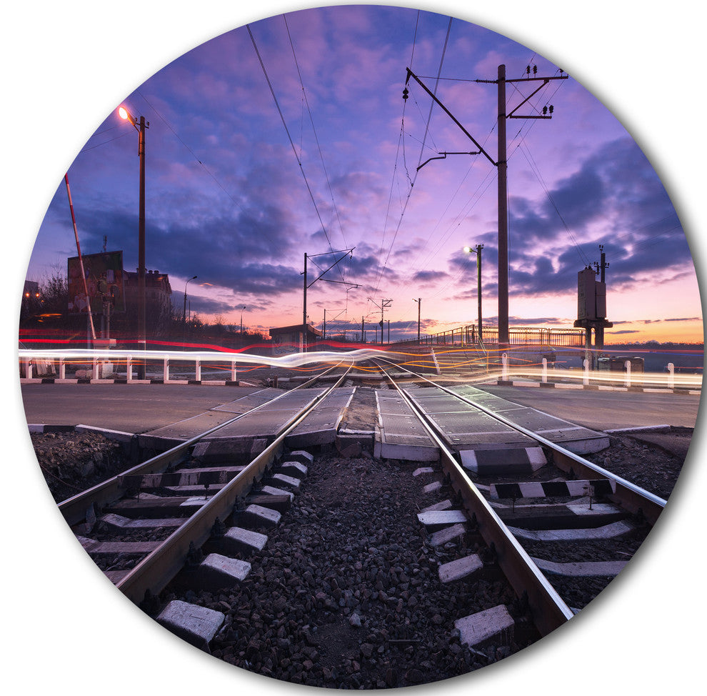 Rail Crossing With Blurred Car Lights, Cityscape Disc Metal Art, 11"