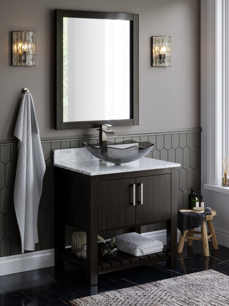Rettangolare Clear Grey Scalloped Tempered Glass Vessel Sink and Drain, Brushed Nickel