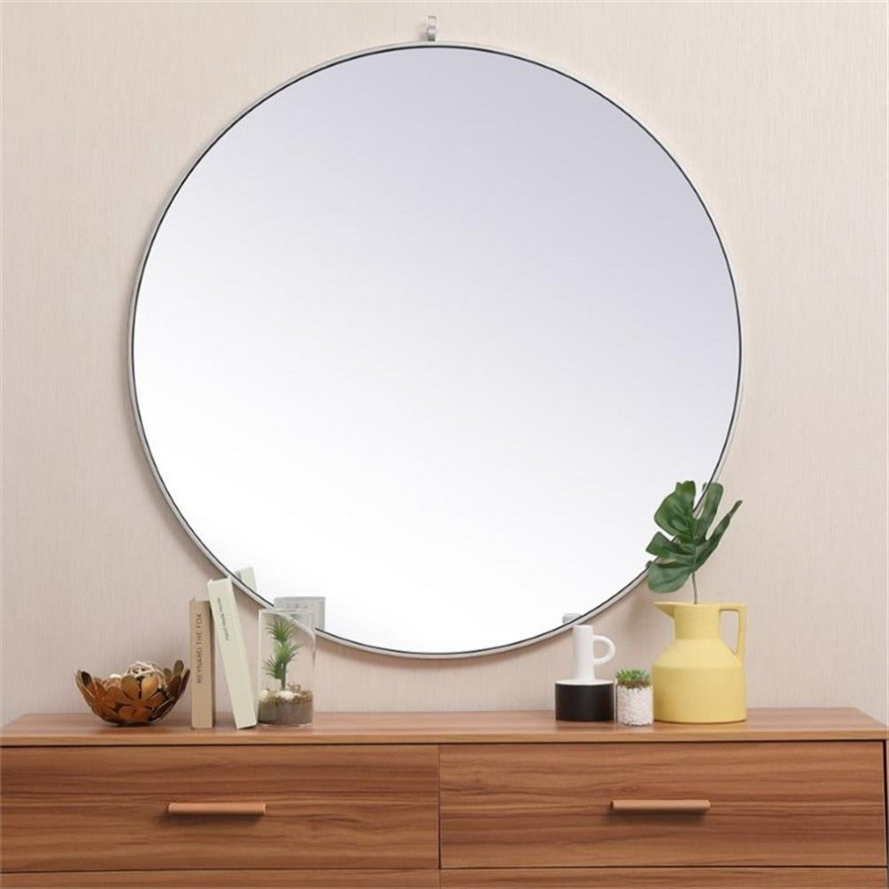 Elegant Decor Eternity 45" Round Mid Century Metal Frame Hooked Mirror in Silver