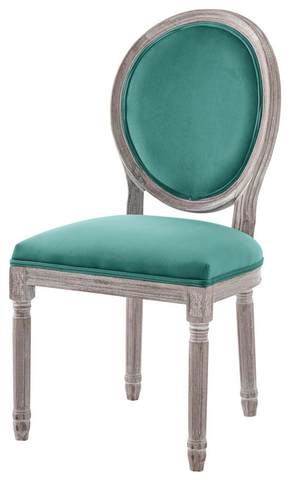 French Vintage Side Dining Chair, Velvet, Wood, Brown Natural Blue, Modern