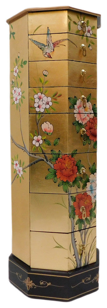 Asian Gold Leaf Lacquer Painted Pedestal With Drawers