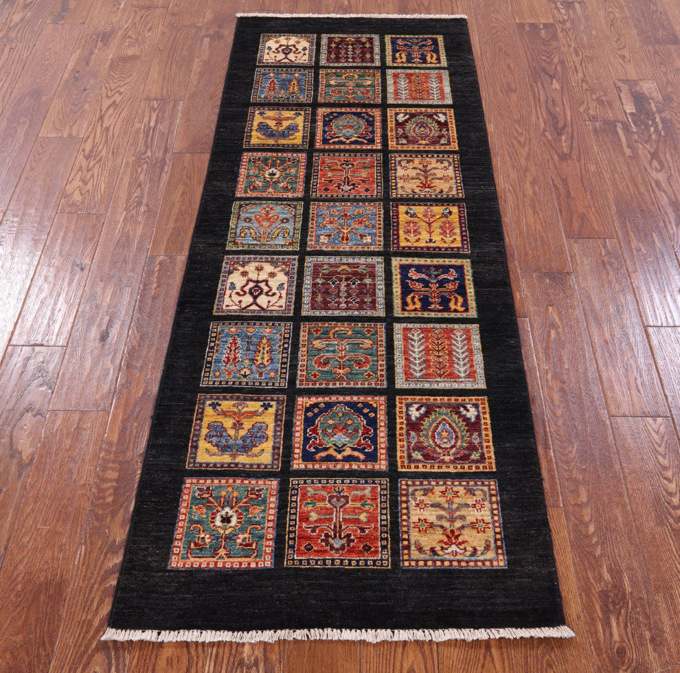 2' 6" X 6' 7" Persian Garden Design Black Hand Knotted Runner Rug Q10684