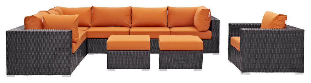 Modway Convene 9 Piece Outdoor Patio Sectional Set, Espresso Orange