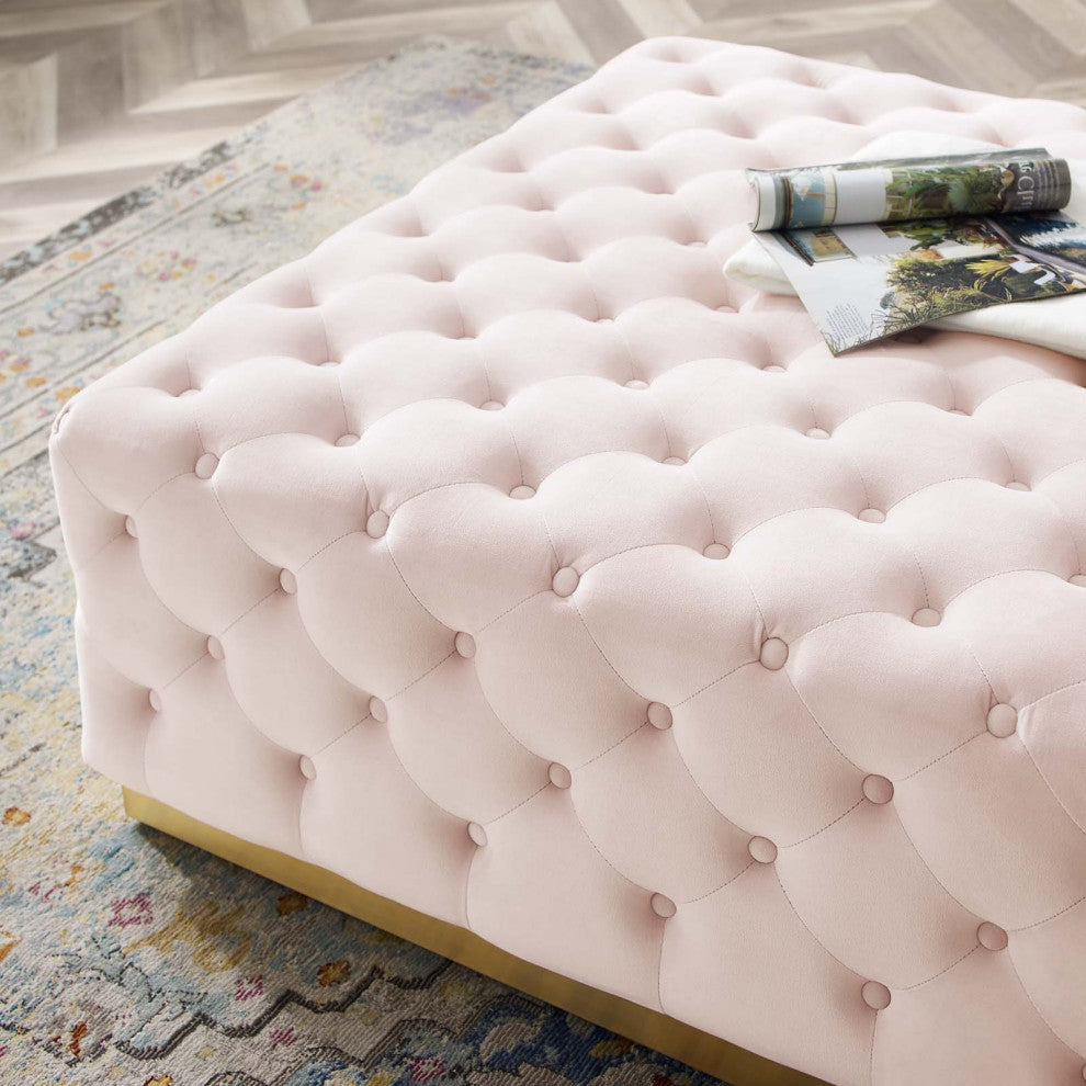 Tufted Accent Chair Ottoman, Square, Velvet, Pink, Modern, Lounge Hospitality