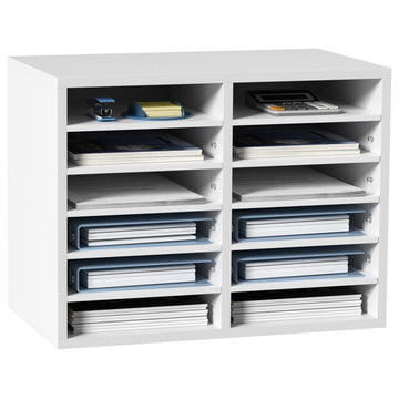 12 Compartments Wood File Organiser Office Mailbox with Adjustable Shelves, White