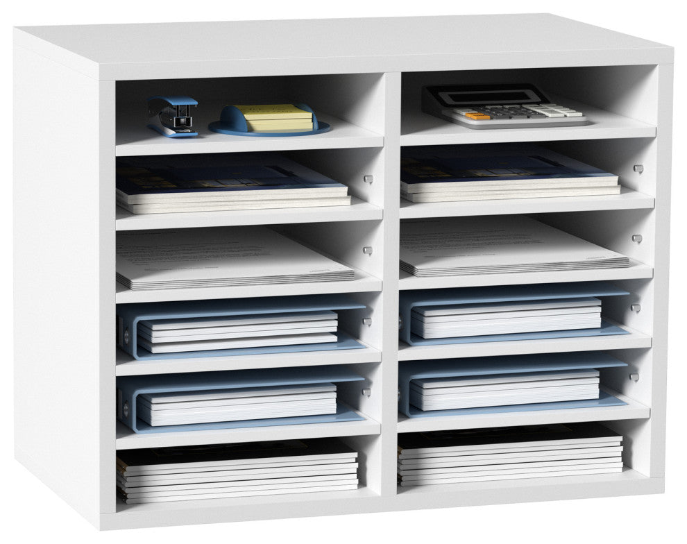 12 Compartments Wood File Organiser Office Mailbox with Adjustable Shelves, White