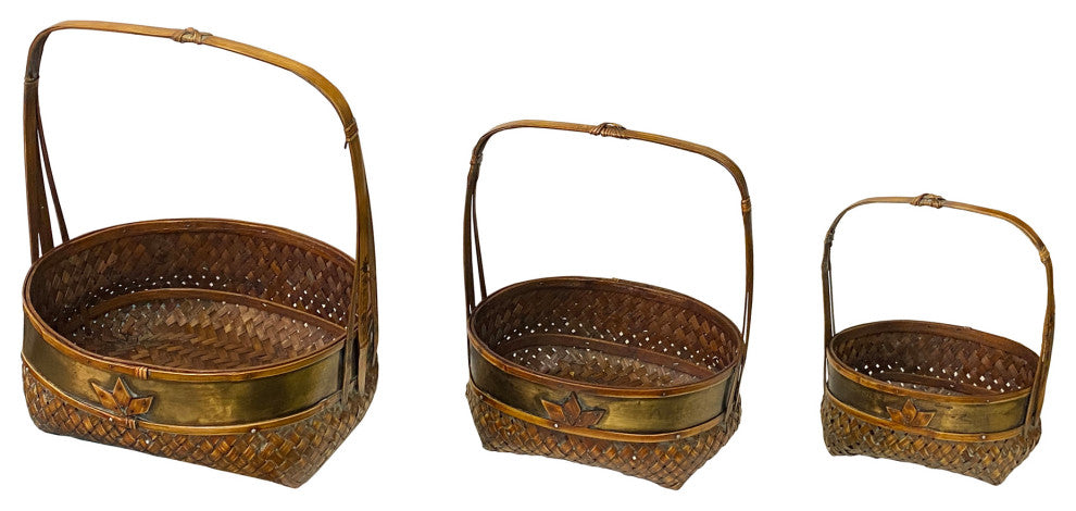 2 x Oriental Oval Brown Rattan Basket with Handle 3 pieces Set Hws1327