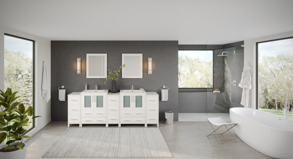 The Pullman Bathroom Vanity, White, 84", Double Sink, Freestanding