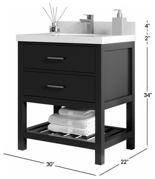Parker 30" Single Sink Bath Vanity, Black 1.5" Empira White Quartz