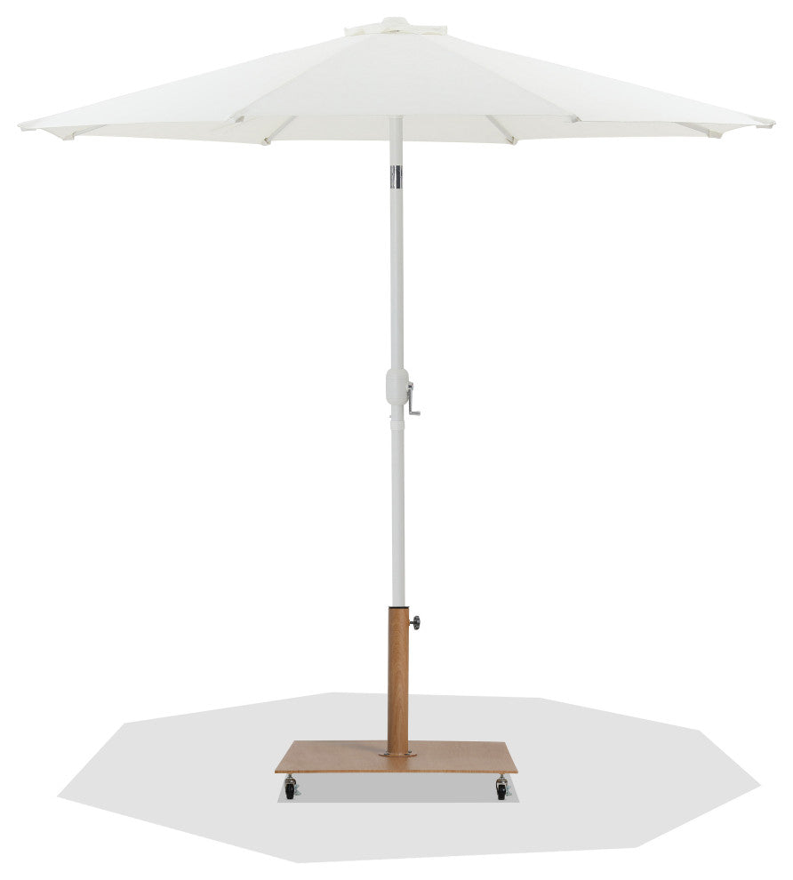 Fiji Patio Umbrella and Base, White, Matte White Pole, Teak Belize Base
