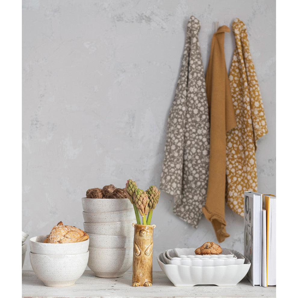 Cotton Tea Towel, Beautiful Flower Prints, Yellow, Grey, Set of 2
