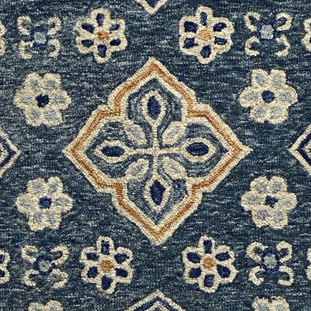 5" Round Blue Bordered Floral Motifs Area Rug