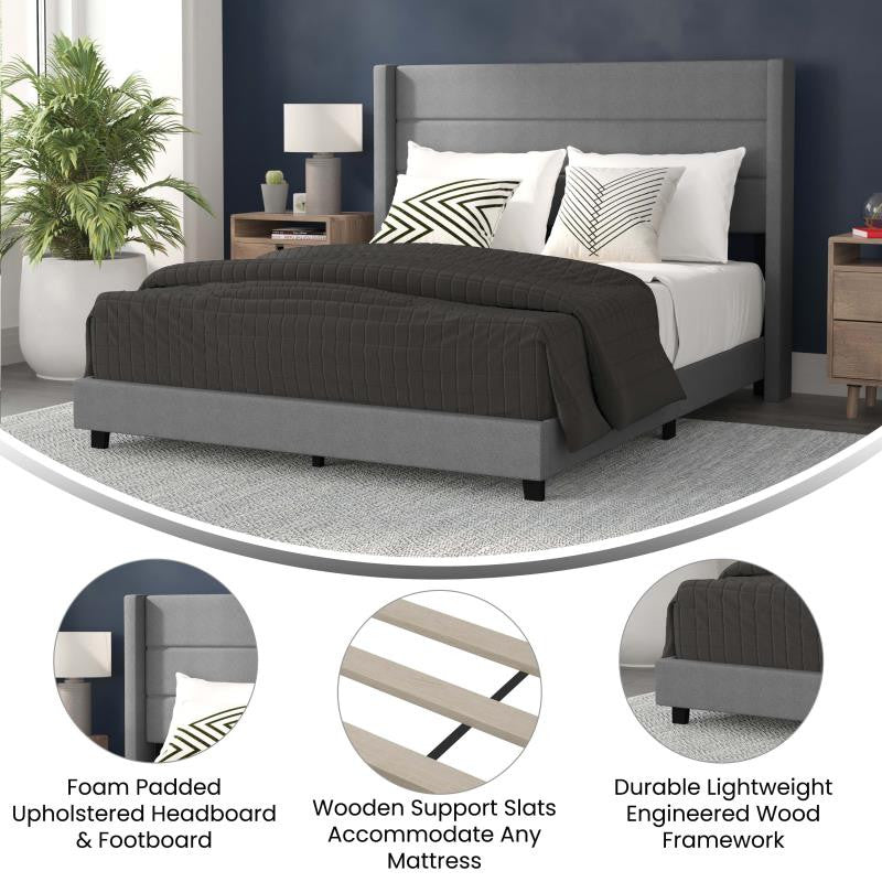 Hollis Upholstered Platform Bed with Wingback Headboard w/Mattress Foundation, Gray, Queen