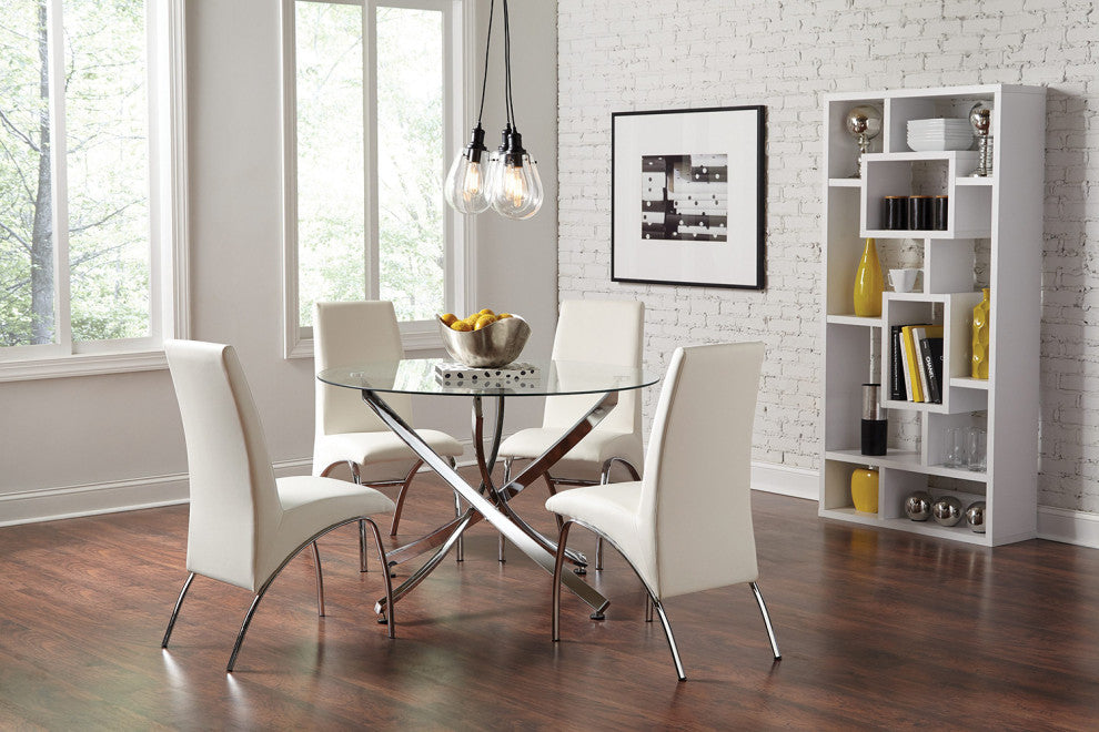 Set of 2 Dining Chairs, White and Chrome