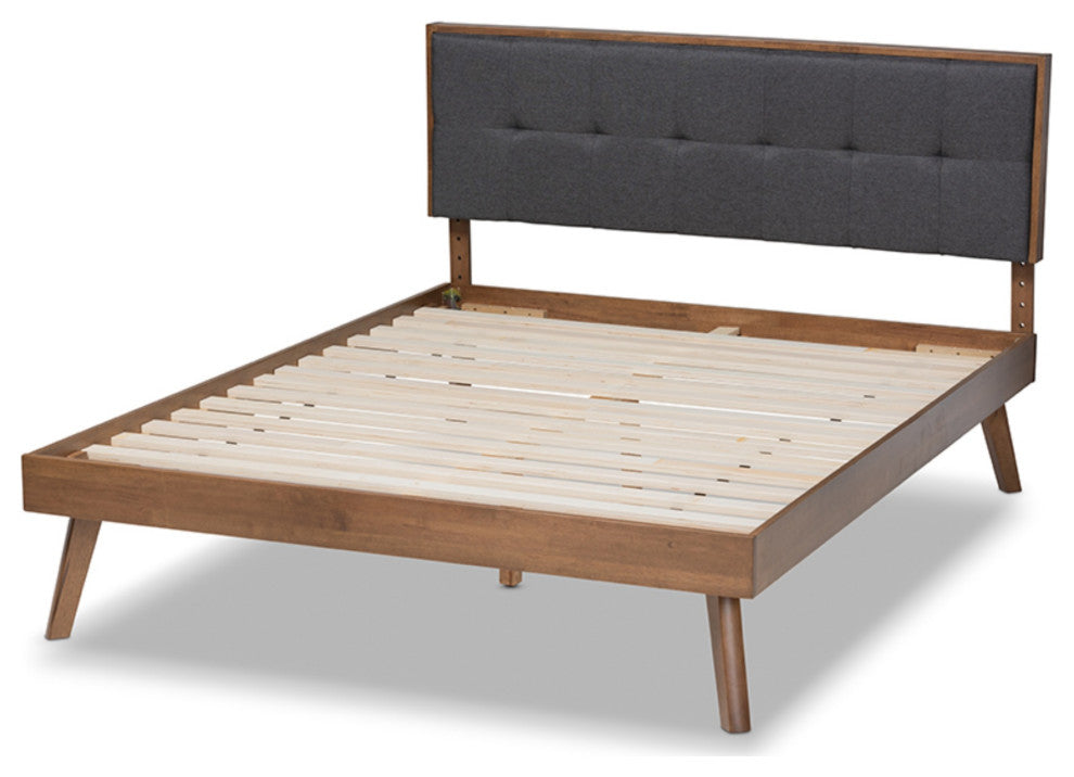 Gray Fabric Upholstered Walnut Brown Finished Wood King Size Platform Bed