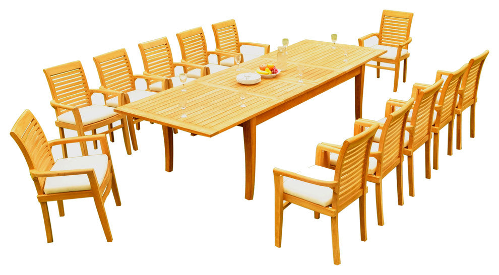 13-Piece Teak Dining Set 122" XL Rectangle Table, 12 Mas Stacking Arm Chairs