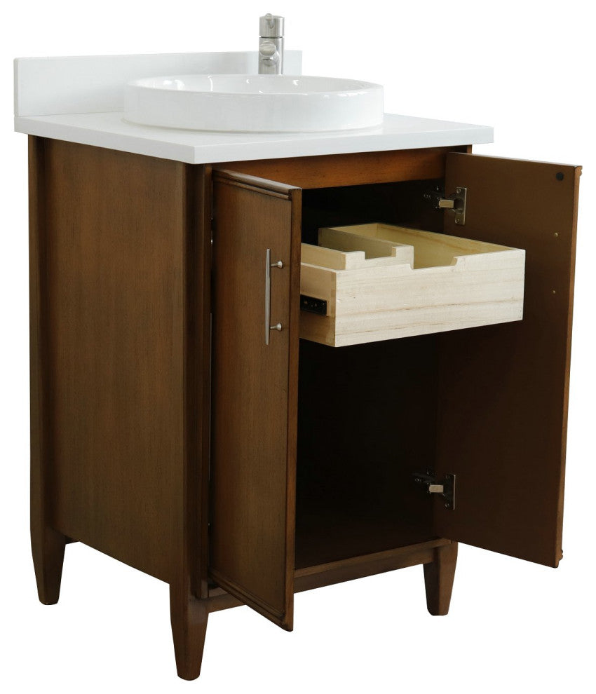 25" Single Sink Vanity, Walnut Finish, White Engineered Stone Top and Round Sink
