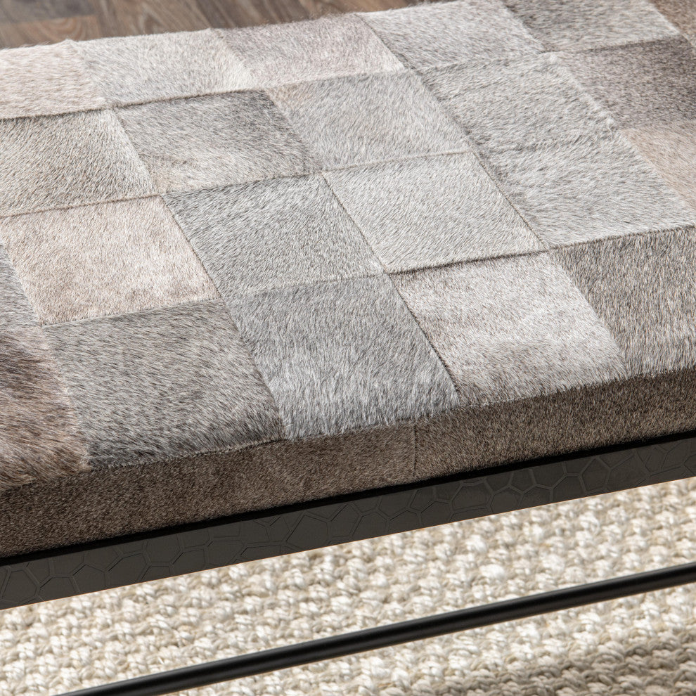 Achen Leather Hide Ottoman Bench by Kosas Home , Gray, 60"