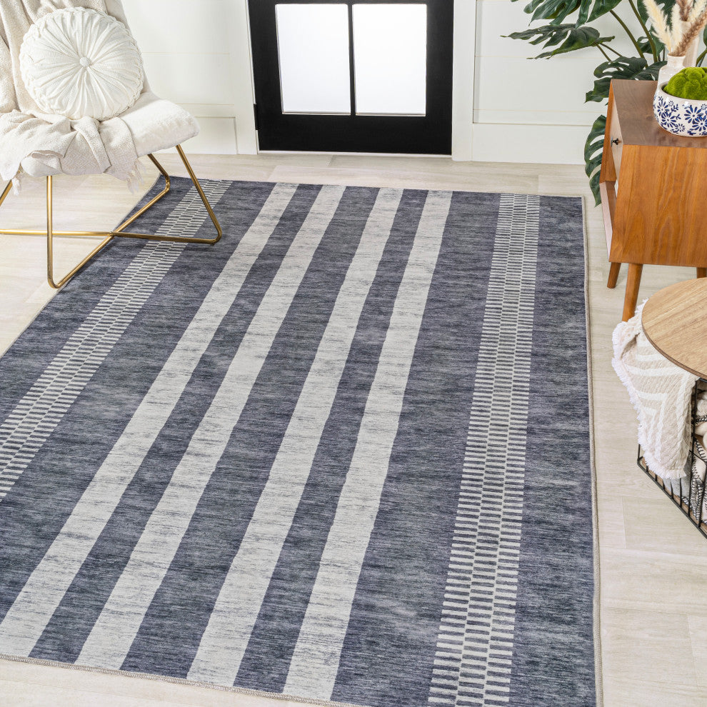 Vichy Geometric Striped Machine-Washable Area Rug, Slate Gray/Ivory, 8 X 10