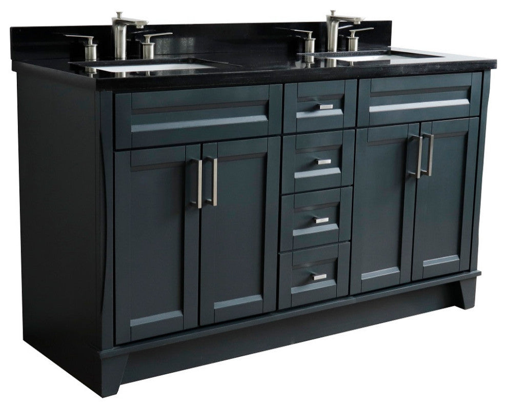 61" Double Sink Vanity, Dark Gray Finish And Black Galaxy Granite