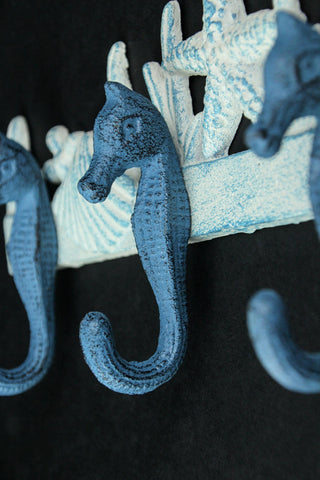 Blue/White Cast Iron Seahorses Decorative Wall Hook Hanging Towel or Coat Rack