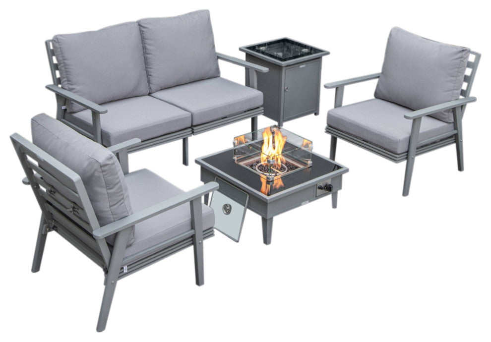 LeisureMod Walbrooke Grey Patio Sofa Set With Square Fire Pit Table, Grey