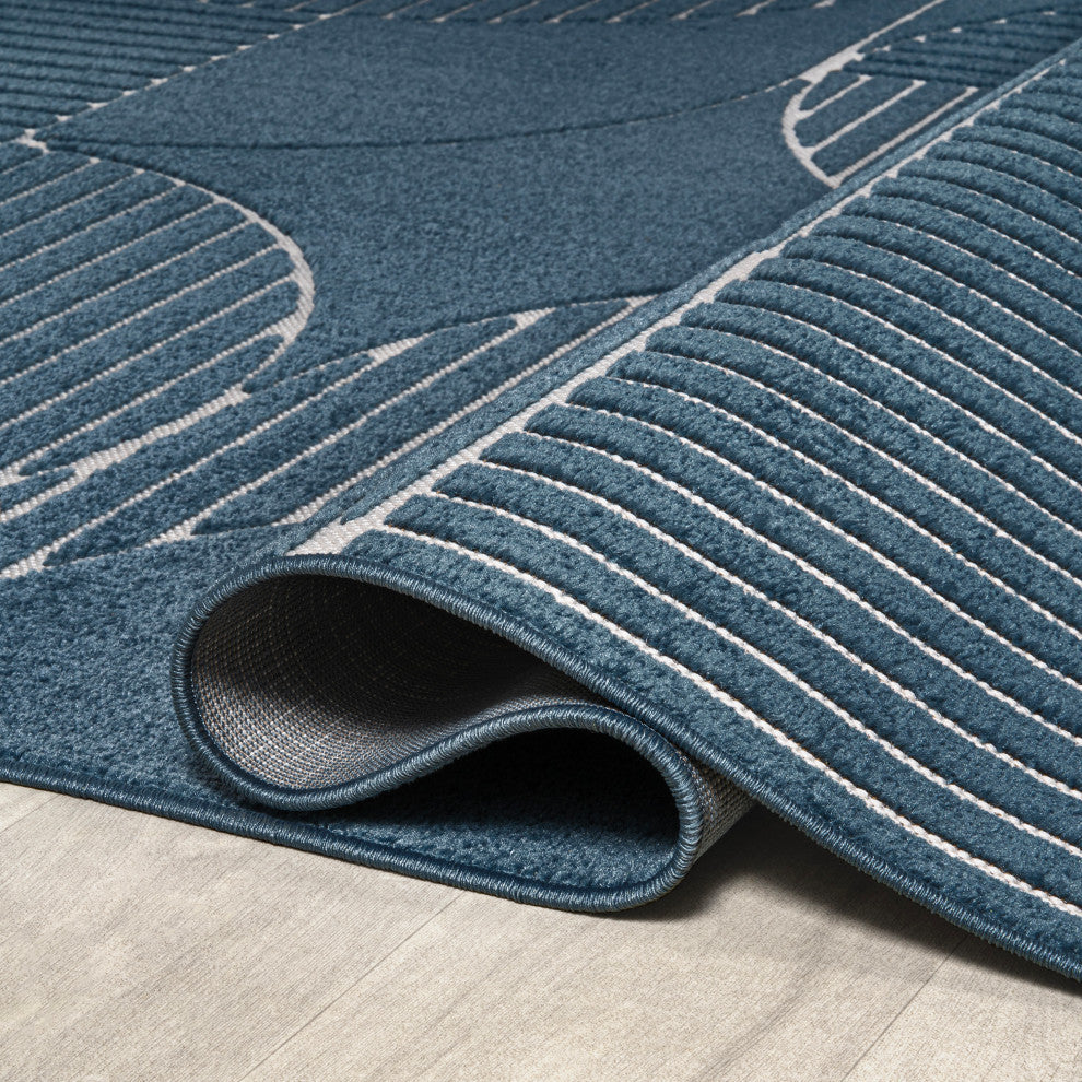 High-Low Arch Scandi Striped Navy/Cream 3 ft x 5 ft Indoor/Outdoor Area Rug
