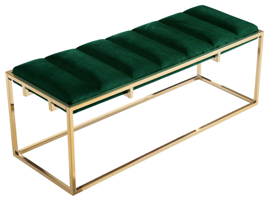 50" Green And Gold Upholstered Velvet Bench