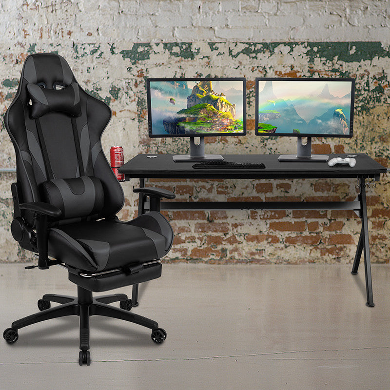 Gaming Desk and Gray Footrest Reclining Chair Set