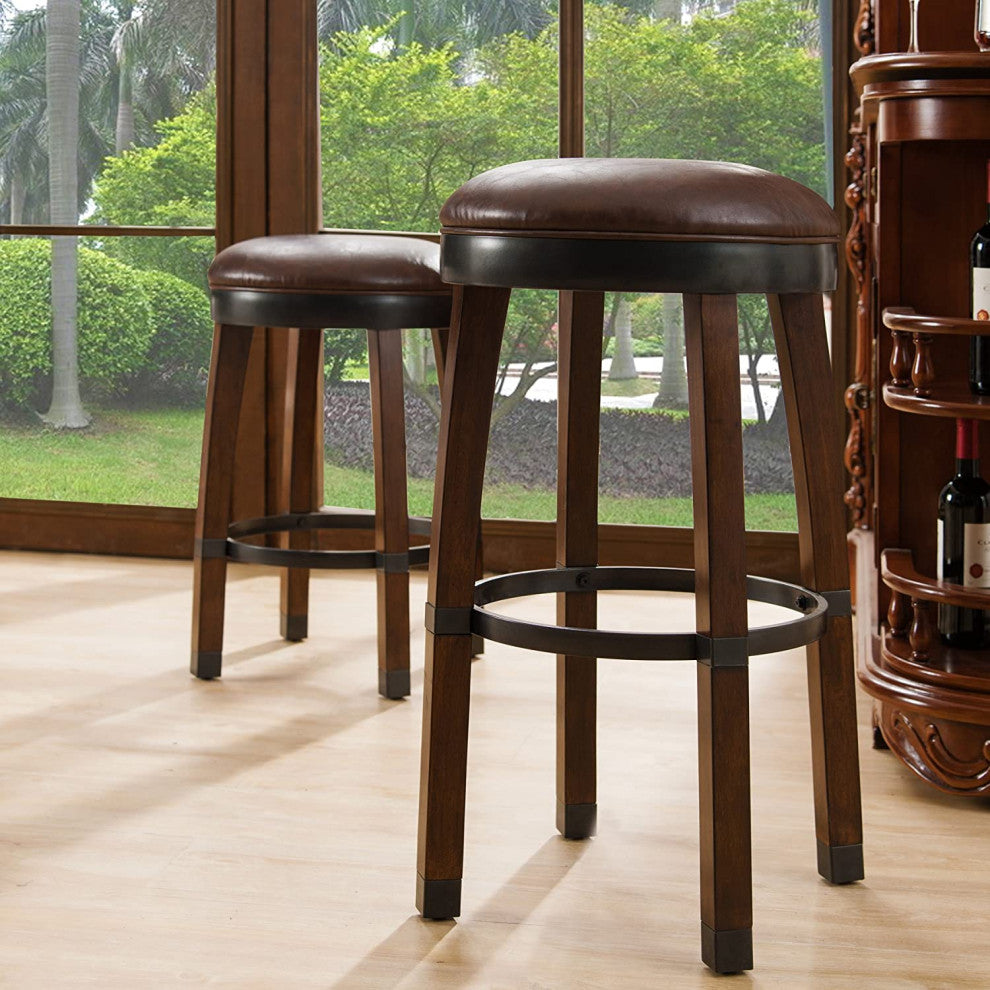 Set of 2 Counter Stool, Backless Design With Faux Leather Seat, Sienna/Sable