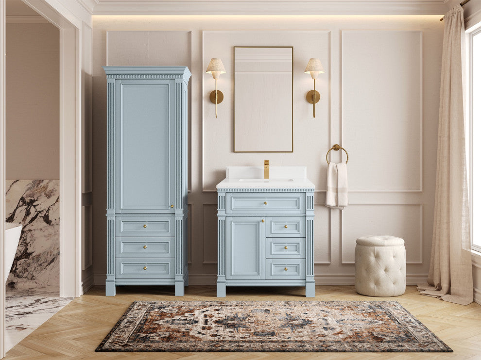 Paris 30" Single Sink Bathroom Vanity, Blue Heather 1.5" White Quartz