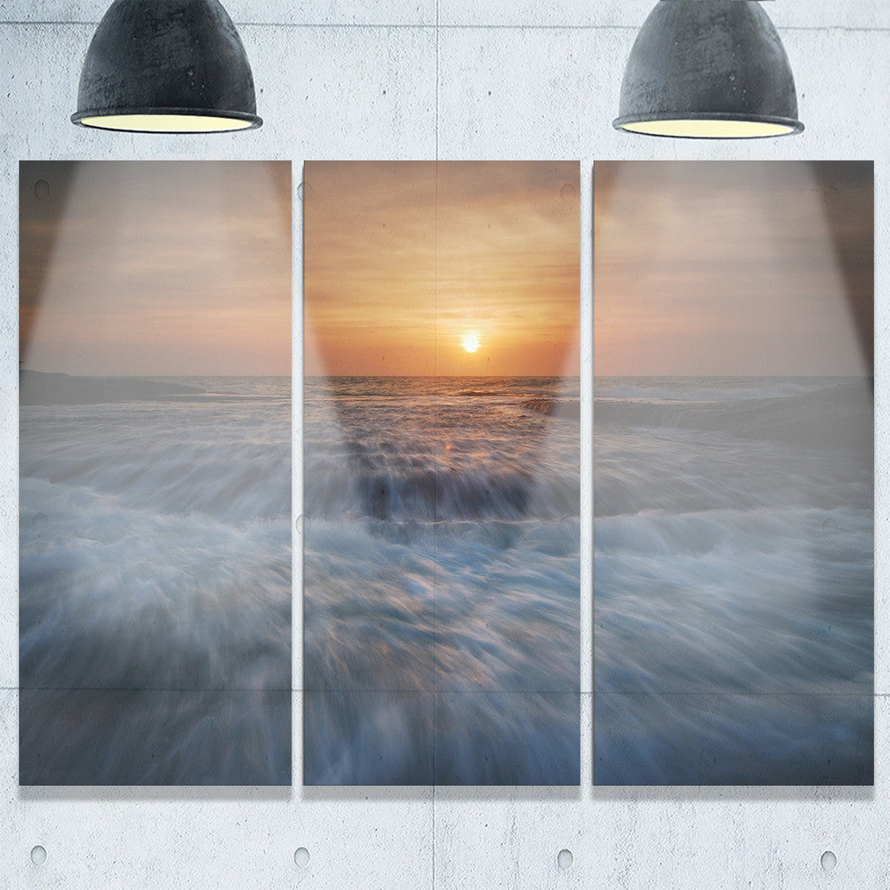 "Sunrise Over Rushing White Waves" Beach Metal Wall Art, 3 Panels, 36"x28"