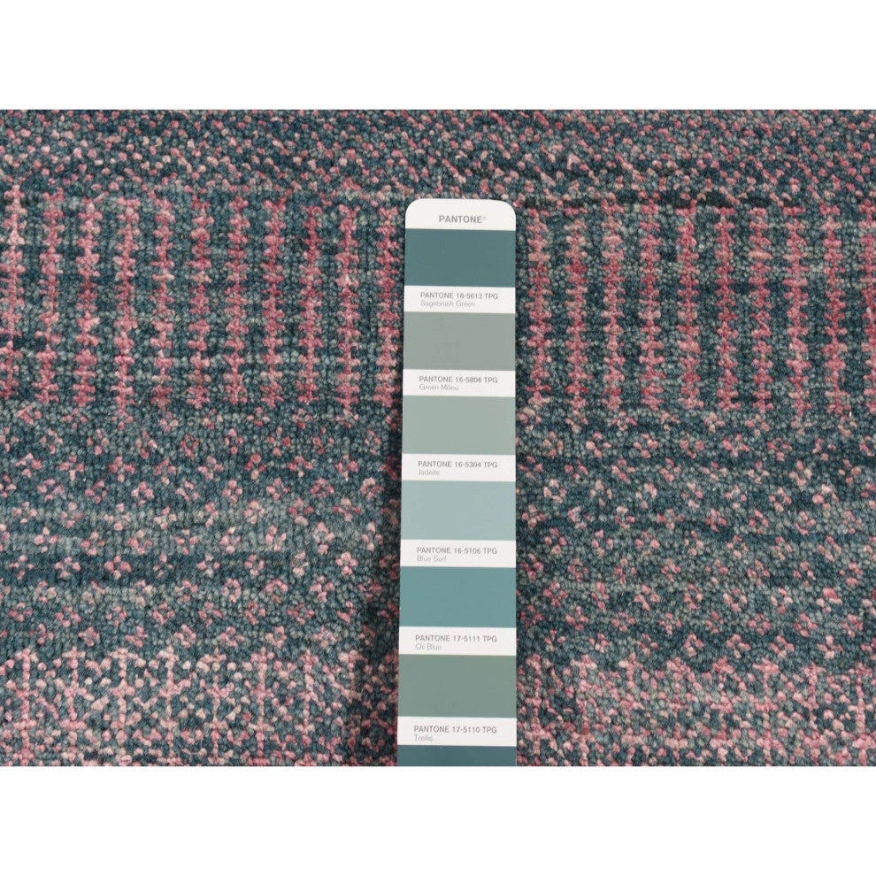 Midnight Green Wool and Silk Grass Design Hand Knotted Runner Rug 2'7"x8'10"