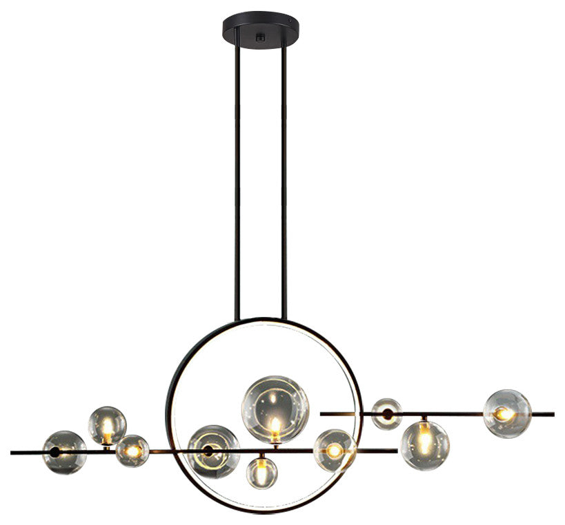 Bubi Modern Kitcehn Island Light for Dining Room with Glass Globe Shade, Black, 10-Light