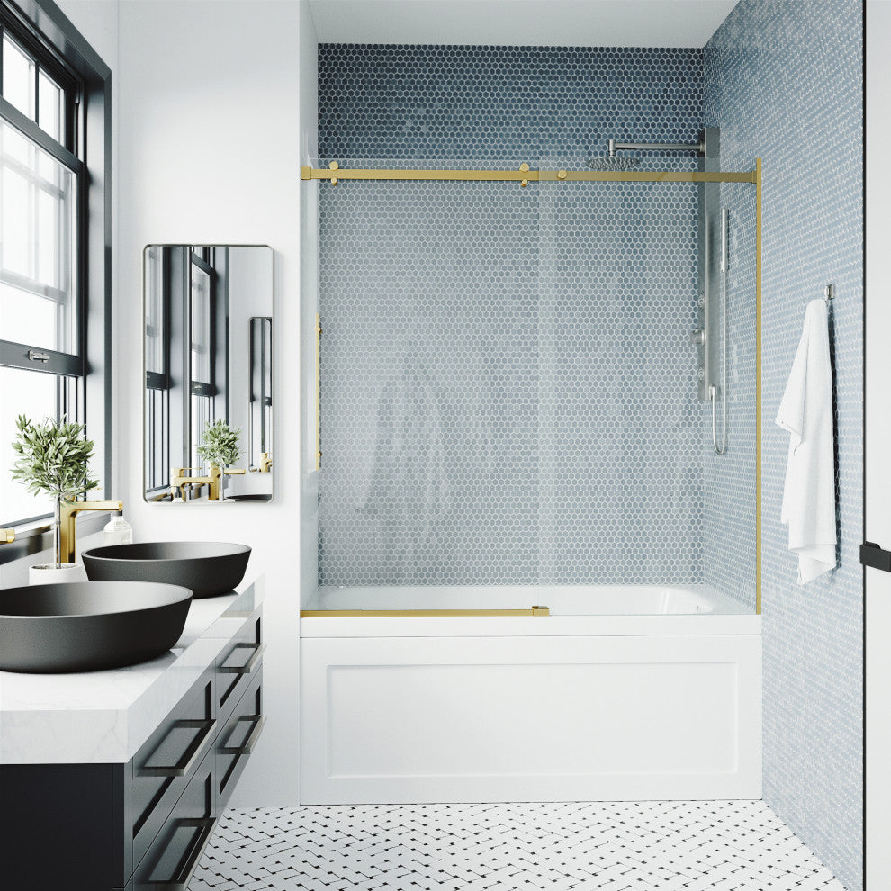 VIGO Luca 56" to 60" W x 58" H Frameless Sliding Tub Door, Matte Brushed Gold, Clear Glass