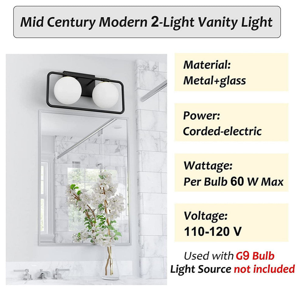 2-Light Mid Century Wall Lights Black and Gold Vanity Light With Milky White