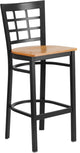 Black Window Back Metal Restaurant Barstool, Natural Wood Seat