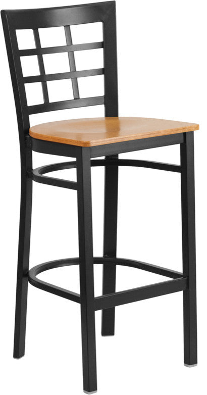 Black Window Back Metal Restaurant Barstool, Natural Wood Seat