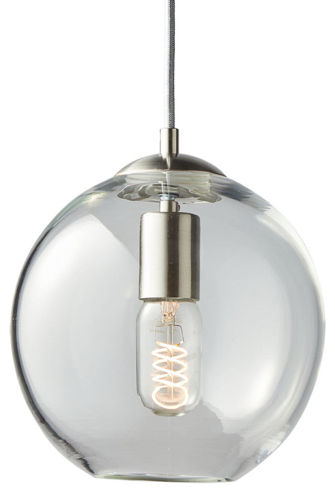Metro Blown Glass Pendant Light Made in Rhode Island, Clear, 8 X 8, Brushed Nick