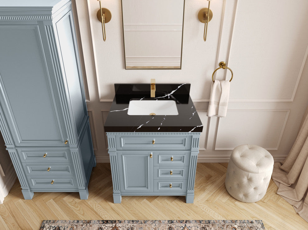 Paris 30" Single Sink Bathroom Vanity, Blue Heather 2" Calacatta Black