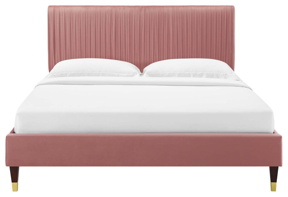 Platform Bed Frame, Queen Size, Velvet, Pink, Modern Contemporary, Bedroom