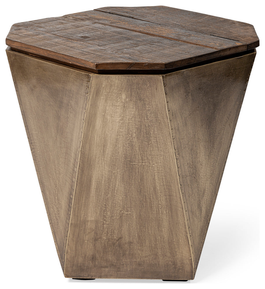 Esagono Octagonal Gold Metal-Clad Reclaimed Wood End/Side Table With Storage