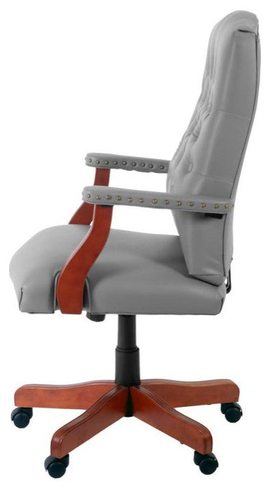 Traditional Office Chair, Hardwood Frame & Button Tufted PU Back, Gray/Cherry