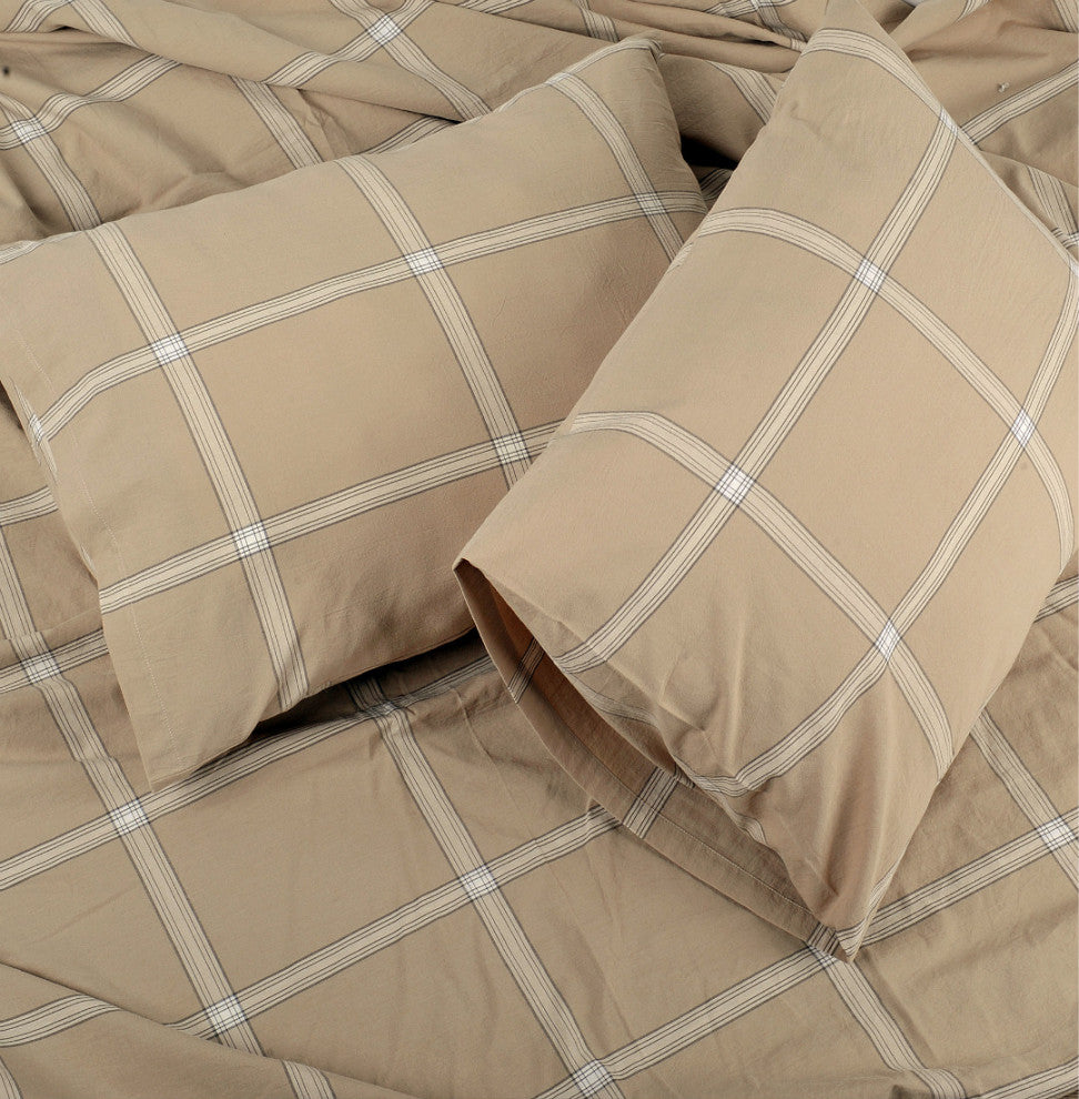 Windowpane Washed Cotton Duvet Cover Set, Camel, Queen, 92"x90"