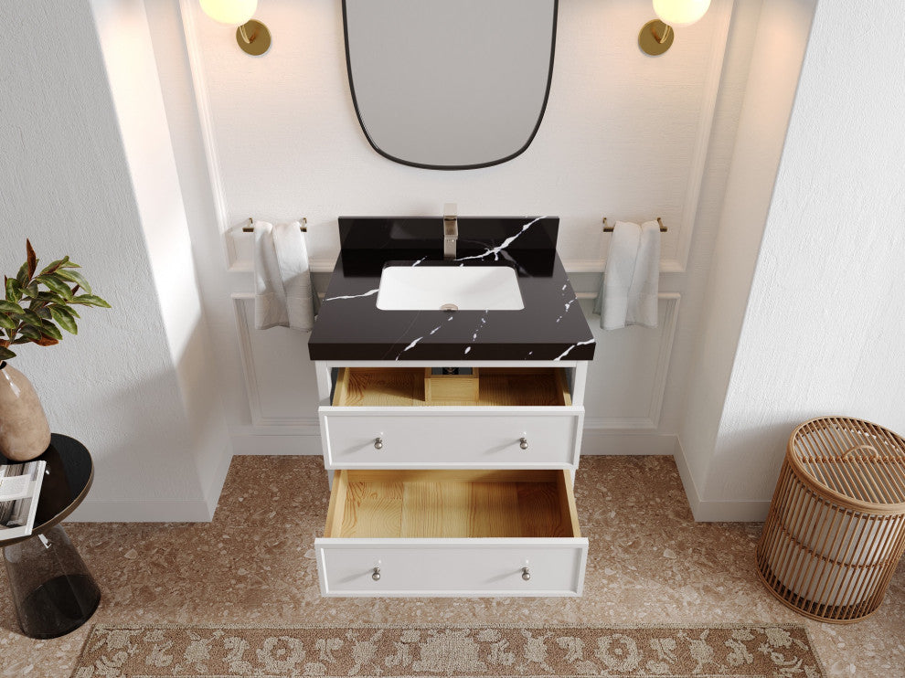 Roswell Floating 30" Single Sink Bath Vanity, White 2" Calacatta Black