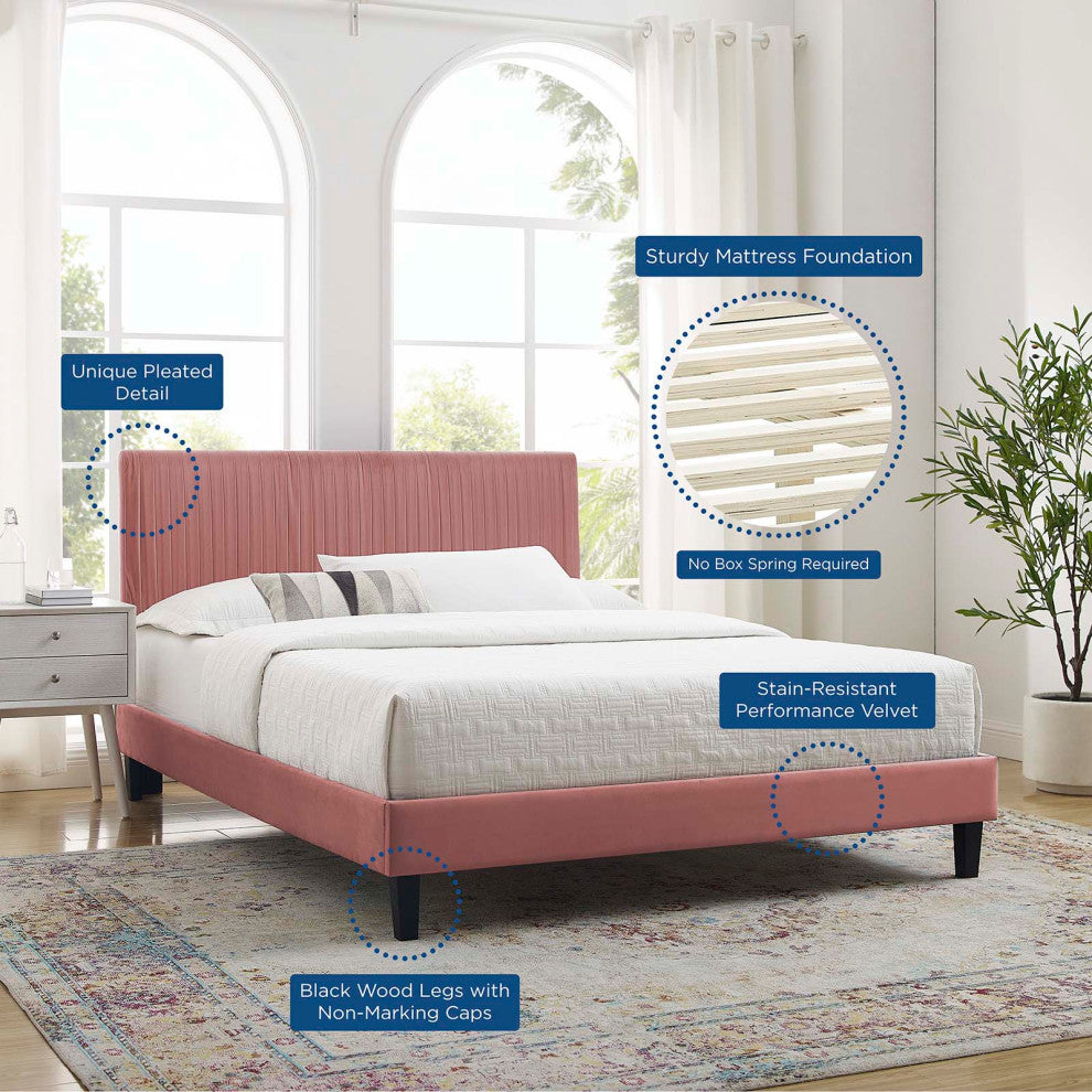 Platform Bed Frame, Twin Size, Velvet, Pink, Modern Contemporary, Bedroom Master