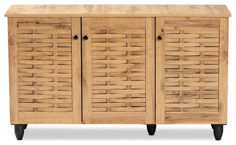 Winda Modern and Contemporary Oak Brown Finished Wood 3-Door Shoe Cabinet